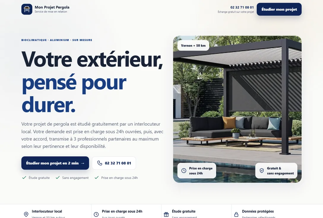Aperçu de MonProjetPergola : présentation d’une pergola et accès à l’étude du projet